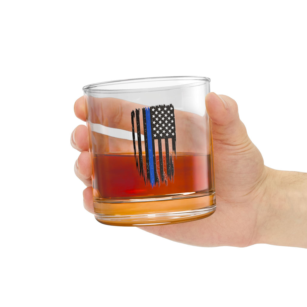 Thin Blue Line American Flag Rocks Glass — 10oz Whiskey Tumbler for First Responders & Law Enforcement Support