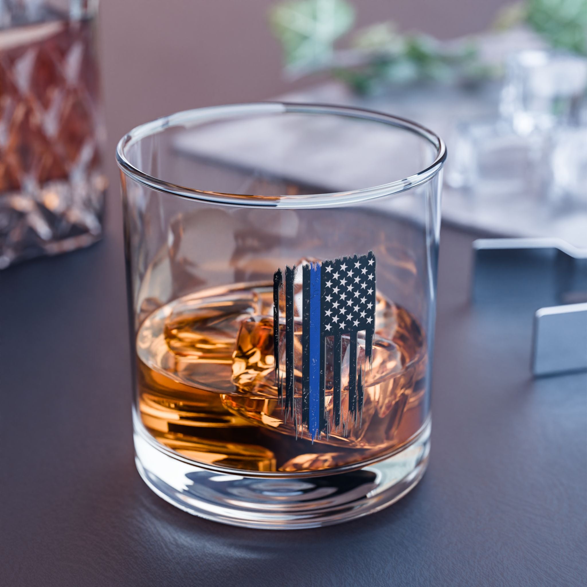 Thin Blue Line American Flag Rocks Glass — 10oz Whiskey Tumbler for First Responders & Law Enforcement Support